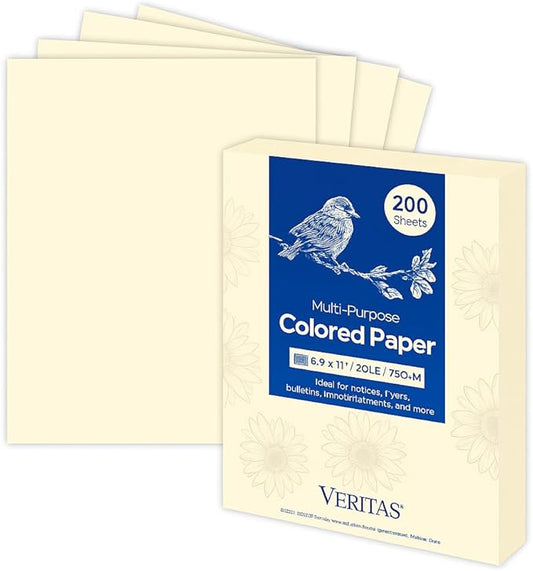 Veritas Colored Copy Paper, Cream Multi-Purpose paper,Colored Printer Paper 8.5” x 11”, 20 lb / 75 GSM, Cream,200 Sheet, Made in USA