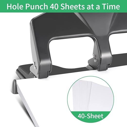 AFMAT HP16 Heavy Duty 3 Hole Punch, 40-Sheet Paper Punch, 50% Reduced Effort, Metal Hole Puncher 3 Ring, Three-Hole Paper Puncher w/Large Chip Tray for Classroom, Office, Silver