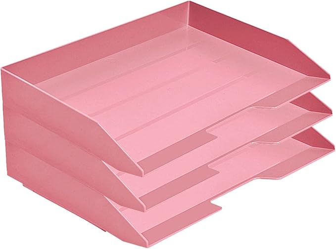 Acrimet Stackable Letter Tray 3 Tier Side Load, Plastic, Desktop File Organizer (Solid Pink Color)