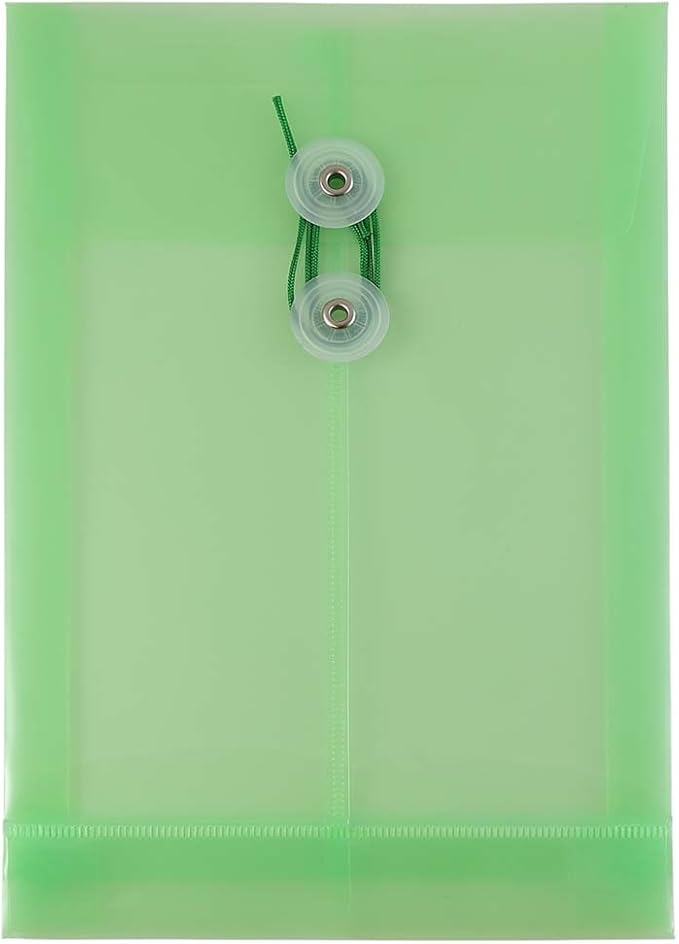 JAM PAPER Plastic Envelopes with Button & String Tie Closure - 6 1/4 x 9 1/4 - Green - 12/Pack
