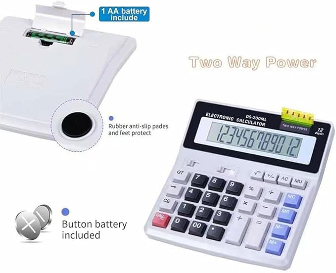 Desk Calculator Large 12 Digit Display, Dual Power Basic Calculator Desktop, Big Button for Office, Business, Home and School (Grey).
