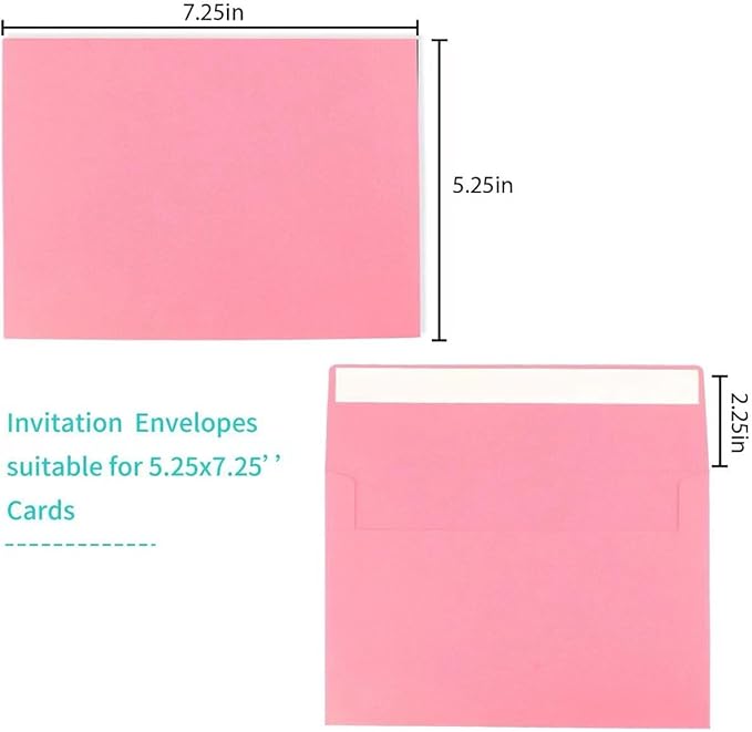A7 Pink Envelopes, 50 Packs 5x7 Self Seal for Invitations, Greeting Cards, Mailings, Printable Invite, Wedding, Party, Photos, Postcards, Standard Letter Size 5" x 7"
