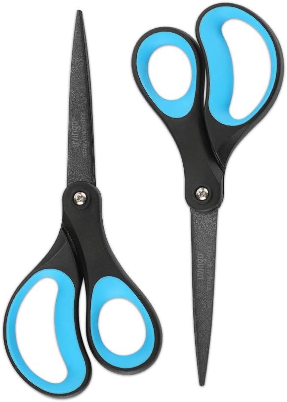 LIVINGO 2 Pack 8" Titanium Non-Stick Scissors, Professional Stainless Steel Comfort Grip, All-Purpose, Straight Office Craft Scissors for DIY(Blue/Black)