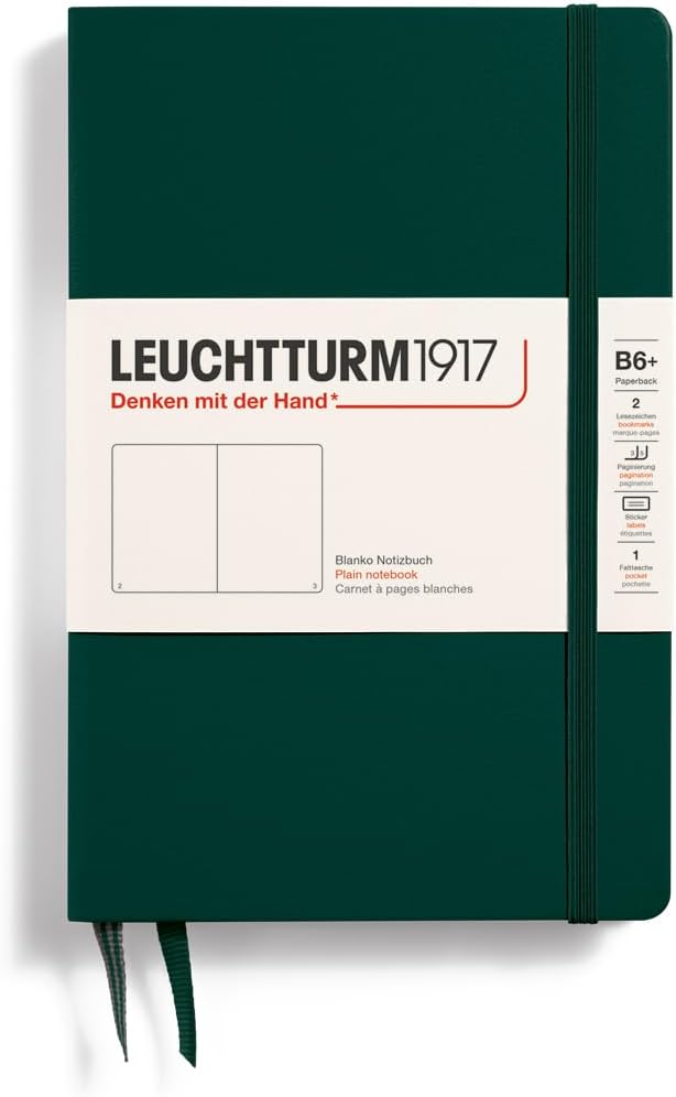 LEUCHTTURM1917 - Notebook Hardcover Paperback B6+ - 219 Numbered Pages for Writing and Journaling (Forest Green, Plain)