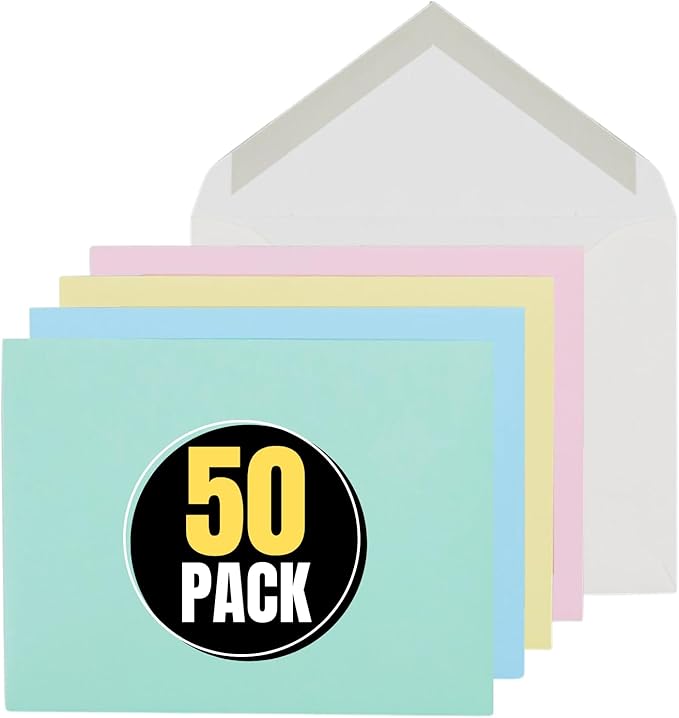 1InTheOffice A2 Envelopes, Colored Envelopes, Invitation Envelope Quarter Fold, 4 3/8" x 5 3/4", 50/Box