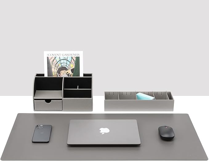 Vlando Desk Organizer with Drawer, Back to School Supplies - 5 Compartment Desktop Storage Holder with Organizer Section for Desk Accessories (Gray)