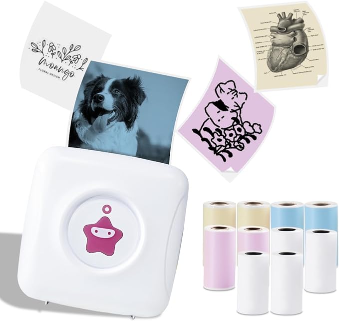 vretti Sticker Printer - TP2-Y Mini Portable Thermal Printer with 10 Rolls Thermal Paper, Inkless Sticker Machine Bluetooth Pocket Printer for iPhone, Study Notes, Pictures, Journal, DIY, Kids Gift