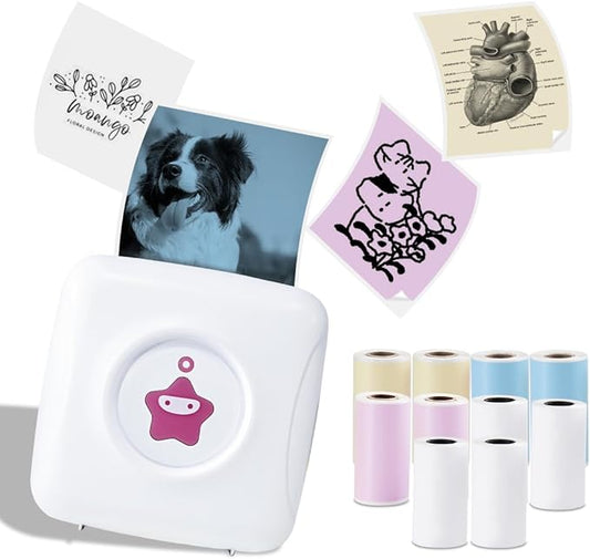 vretti Sticker Printer - TP2-Y Mini Portable Thermal Printer with 10 Rolls Thermal Paper, Inkless Sticker Machine Bluetooth Pocket Printer for iPhone, Study Notes, Pictures, Journal, DIY, Kids Gift