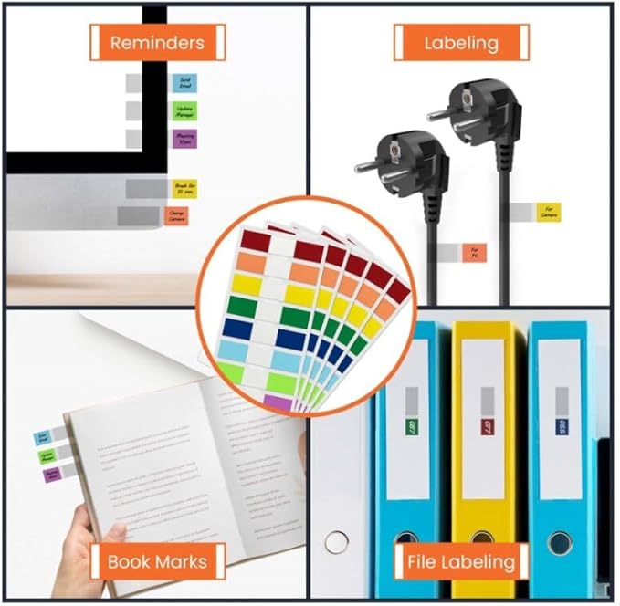 Tabsous 1248 Sticky Tabs - Repositionable, Writable Index Tabs & Page Flags for Books, Files, and Notes - Transparent Colored Markers for Organizing, Highlighting, Classifying Documents (08 Colors)