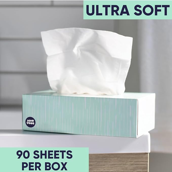 Save Trees Bamboo Facial Tissues - 12 Boxes of Eco-Friendly, 3-Ply Hypoallergenic Tissues, 90 Sheets per Box, FSC Certified, Plastic-Free Packaging, Soft & Gentle for Home Use