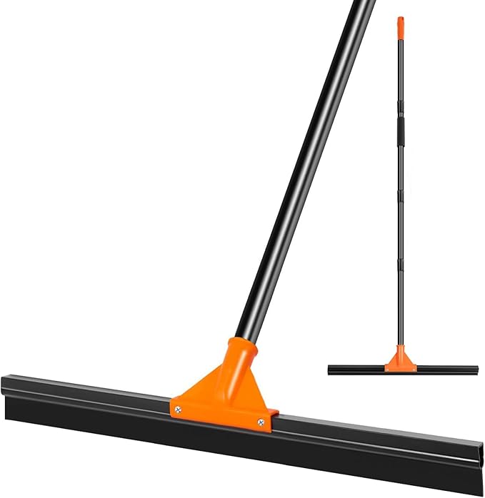 Heavy Duty Floor Squeegee with Long Handle, 18" Rubber Wiper Broom for Concrete Tile Cleaning Commercial Scrubber Mop for Garage Deck Bathroom Kitchen Pool Glass