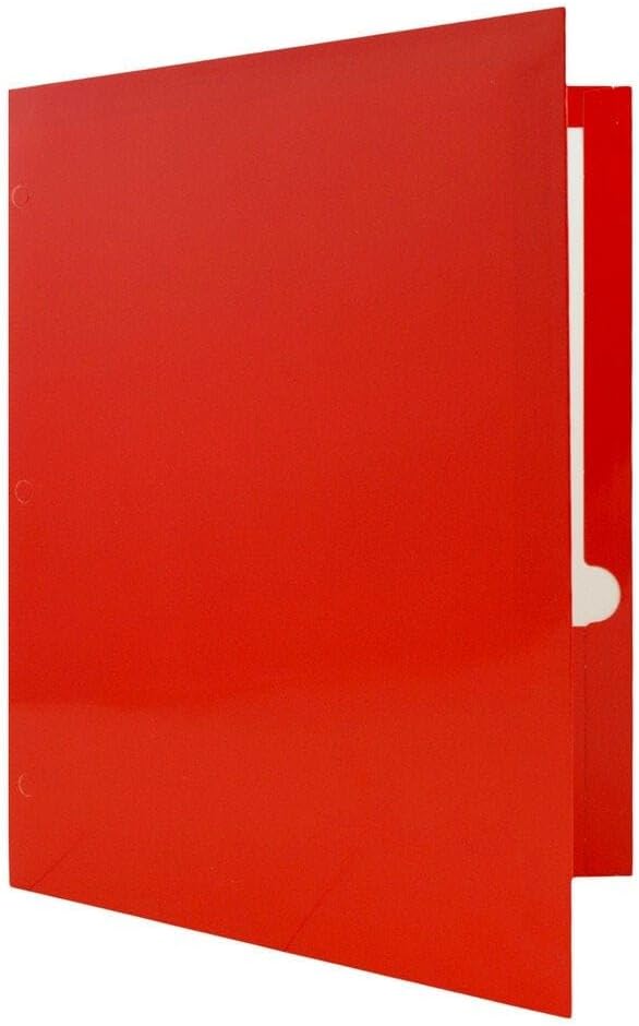 JAM PAPER Laminated Two Pocket Glossy 3 Hole Punch School Folders - Red - Bulk 50/Box