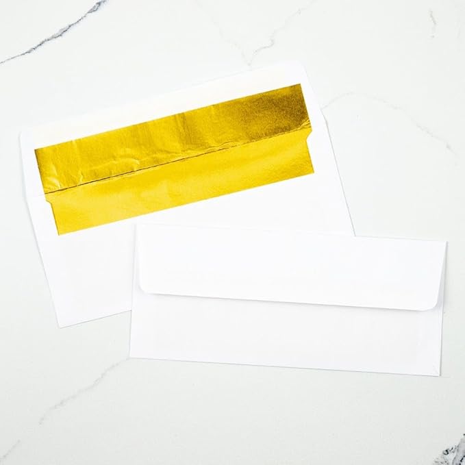 LUXPaper #10 Foil Lined Business Envelopes | Peel & Press | 4 1/8" x 9 1/2" | White w/Gold LUX Lining | 60lb. Text | 50 Qty