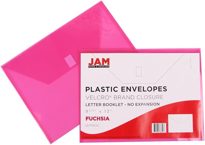 JAM PAPER Plastic Envelopes with Hook & Loop Closure - Letter Booklet - 9 3/4 x 13 - Fuchsia Pink - 12/Pack