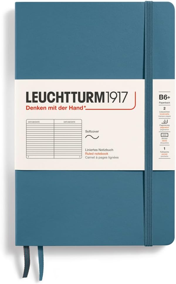 LEUCHTTURM1917 - Notebook Softcover Paperback B6+ - 123 Numbered Pages for Writing and Journaling (Ruled, Stone Blue)