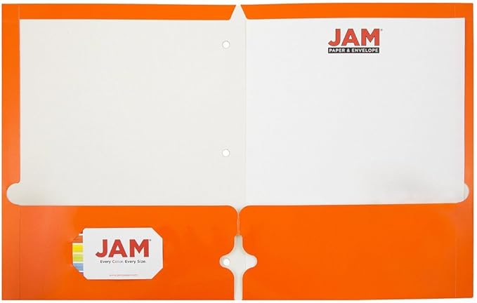JAM PAPER Laminated Two Pocket Glossy 3 Hole Punch School Folders - Letter Size - High Gloss Orange - Bulk 100/Box