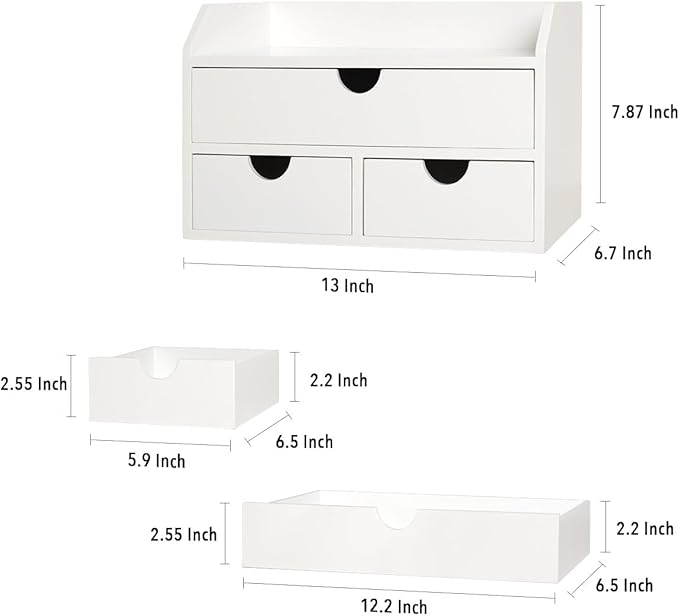 ROSE BLOOM White Wood Desk Organizer with 3 Drawer, Mini Cute Cabinet with Storage Shelf for Tabletop, Small Desktop Box Organizer for Cosmetic Office Supplies