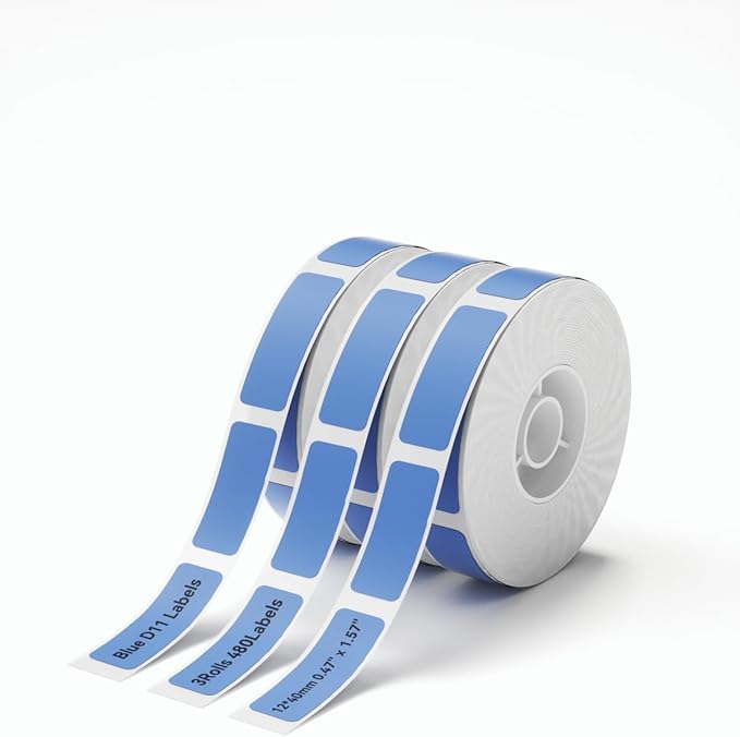 NIIMBOT D11 Label Maker Tape 3 Rolls Adhesive Blue Label Paper 0.47" X 1.57" (12 X 40mm) 160 Labels/Roll, Compatible for NIIMBOT D11 D110 Label Printer, Blue, 3-Roll