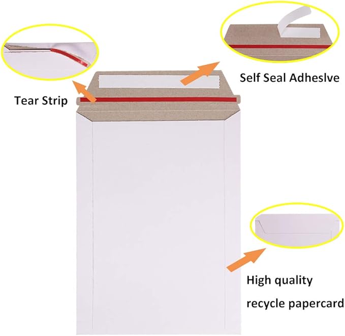 100 Pack 9X12 inch Self Seal Photo Document Mailers Stay Flat White Cardboard Envelopes White Photography Mailersfor CD, Photos, Document