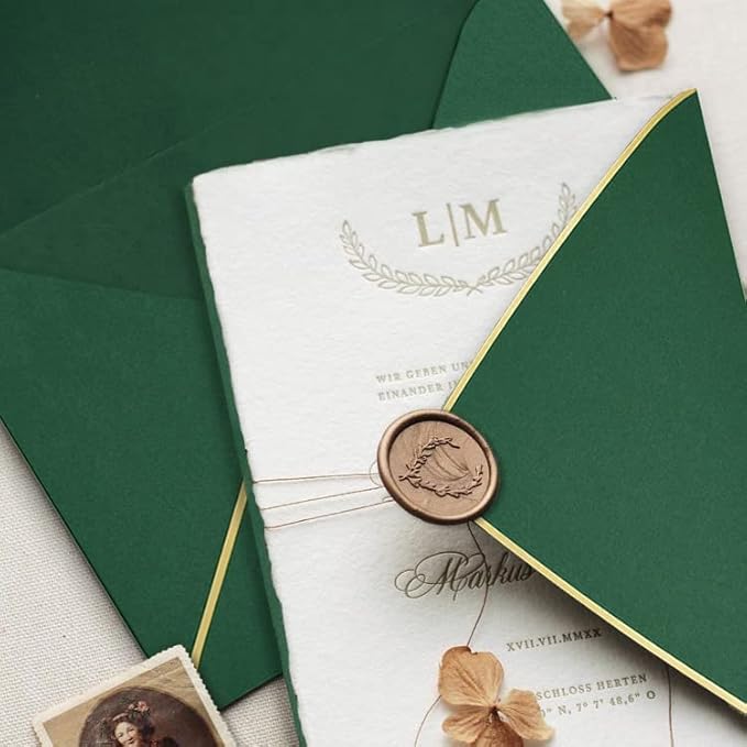 A6 Green Envelopes With Gold Border 4 x 6 - V flap, Quick Self Seal, For 4x6 Cards| Perfect for Weddings, Invitations, Photos, Graduation, Baby Shower，50 Pack (Green)