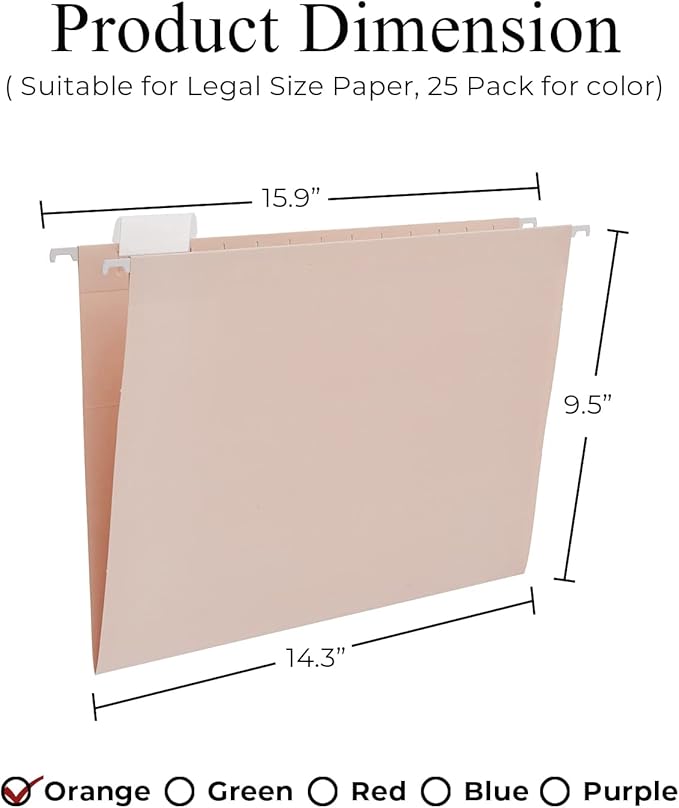 Y YOMA Legal Size - 25 Pack Colored Hanging File Folders Decorative Hanging Folder Cute Pretty File Folder for Filing Cabinet Office Home with 1/5-Cut Adjustable Tabs, Morandi Orange