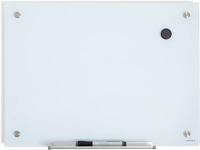 U Brands Magnetic Glass Dry Erase Board with Silver Grommets, Office Supplies, 24” x 18" Inches, Includes Dry Erase Marker