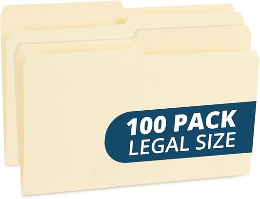 100 Blue Summit Legal Size Manila File Folders, 1/2 Cut Tab for Office, Classroom, or Home Organization, Durable 11 Point Paper for Bills, Records & Documents