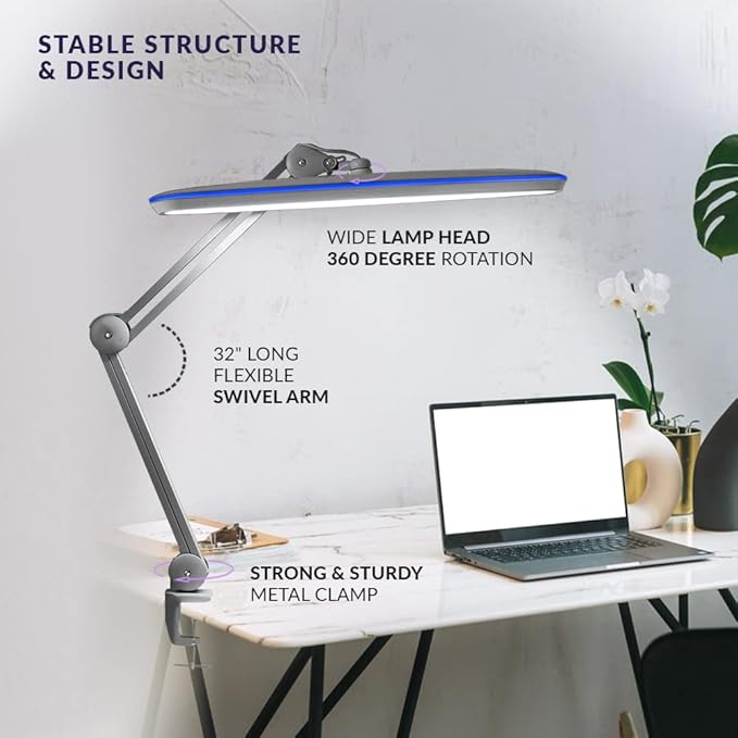Neatfi XL 2,200 Lumens LED Desk Lamp, 23 Inches 24W, Adjustable Arm, Dimmable, Eye Caring, Nail Light for Home, Office, Study Lamp (Non-CCT with Clamp, Silver)
