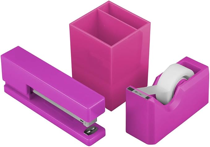 JAM PAPER Desk Trio Pack - Pink Fuchsia - Stapler, Tape Dispenser & Pen Holder - 3/Pack