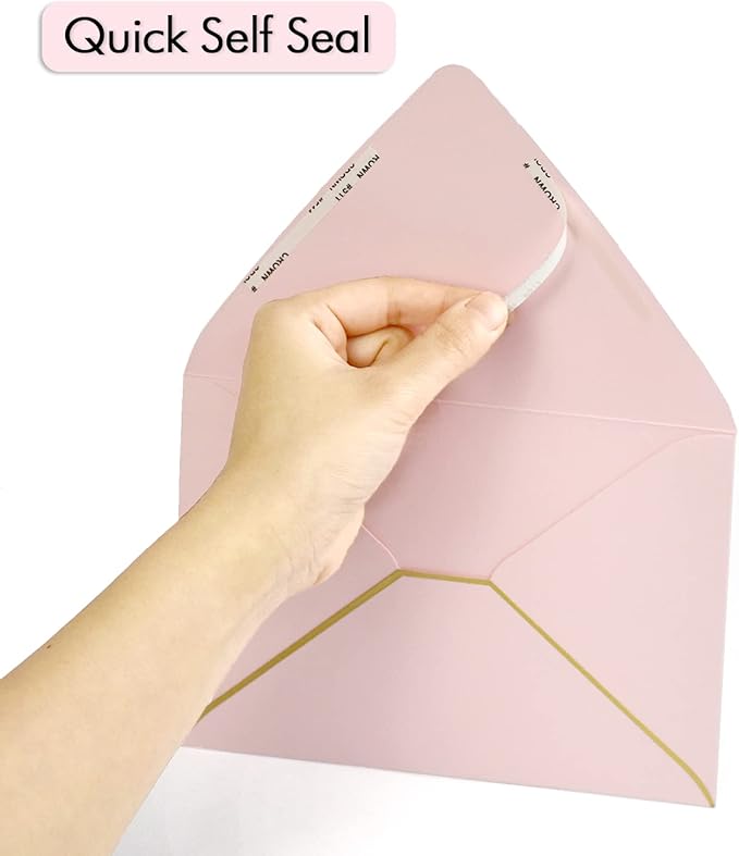 A7 Pink Envelopes 50 Pack 5 x 7 - V flap, Quick Self Seal, With Gold Border, For 5x7 Cards| Perfect for Weddings, Invitations, Photos, Graduation, Baby Shower|Thick Luxury Paper (Pink-golden border)