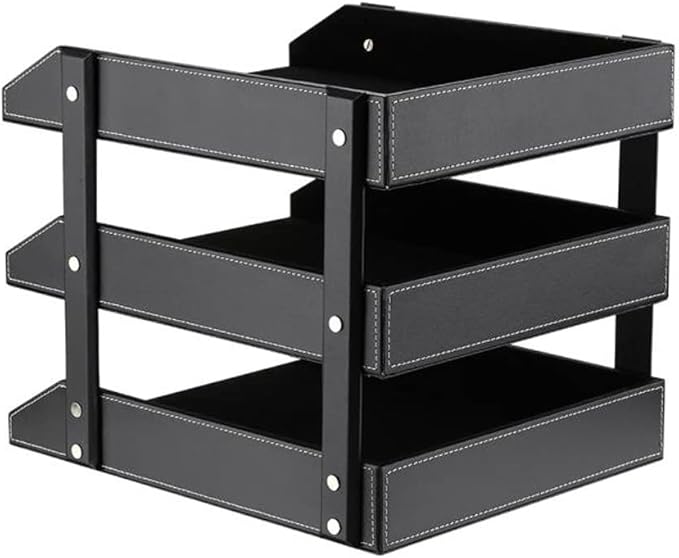 Leather Desk Organizer, NIFIVE Stackable Document Tray, Perfect Desktop Organization Holder for Files, Folder, Stationery, Magazine, Newspaper, Mail, Office Supplies (Black 3-Tier)