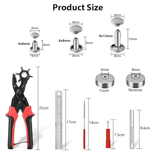 Belt Hole Puncher with 240 Sets of Leather Rivets - Updated Hole Sizes Puncher for Belt, Watch Band, Strap, Dog Collar, Saddle, Shoes, Fabric, DIY Home or Craft Project