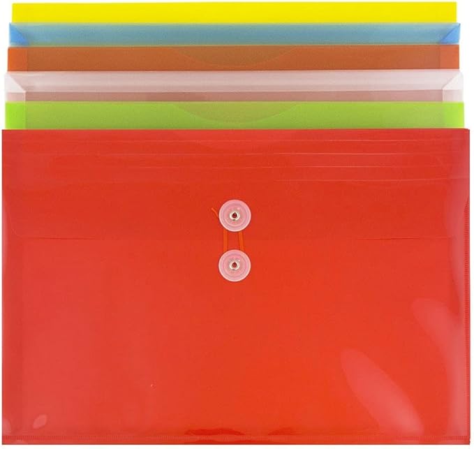 JAM Paper Plastic Envelope with Button and String Tie Closure - Legal Booklet - 9 3/4" x 14 1/2" x 1 1/4"- Assorted Primary Colors - 6/pack