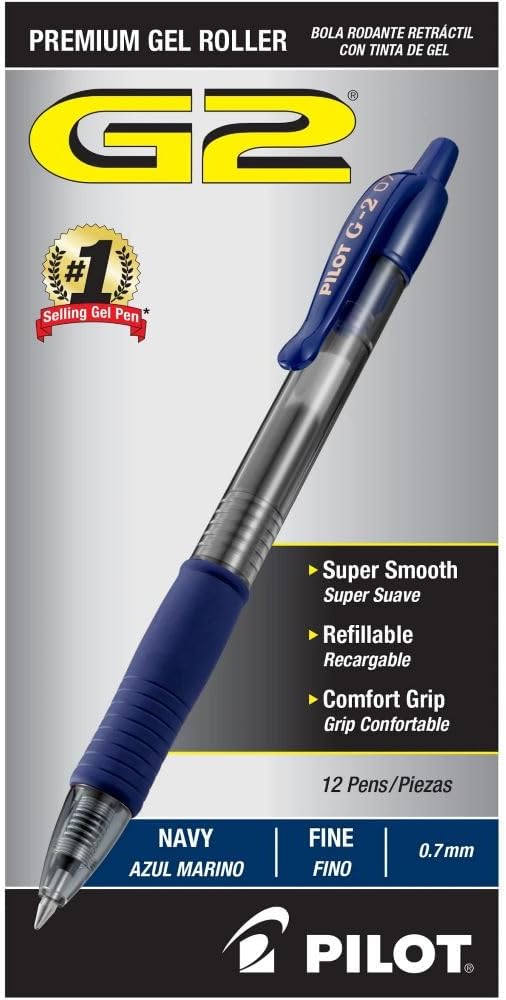 Pilot G2 Premium Gel Roller Pens, Fine Point 0.7 mm, Navy Ink Pens Fine Point, Pack of 12 - Ideal for School, Journaling, and Office Writing