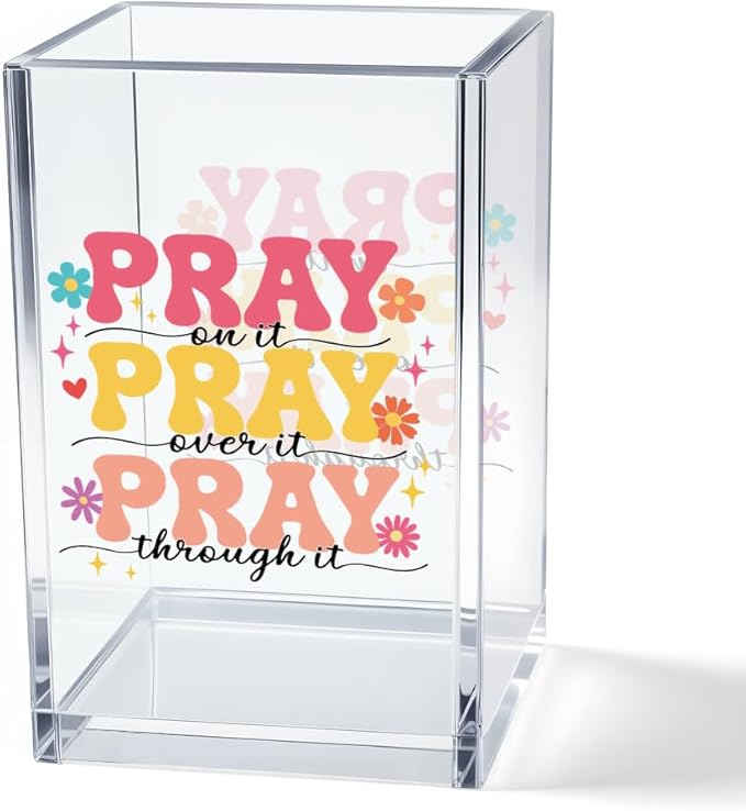 Pray on it Pray through it Acrylic Cosmetic Pencil Pen Holder Cup, Bible Verse Pen Holder Cup, Women Faith Gifts, Christian Gifts for Women Mom Daughter Sister Friend Colleague Boss Teacher