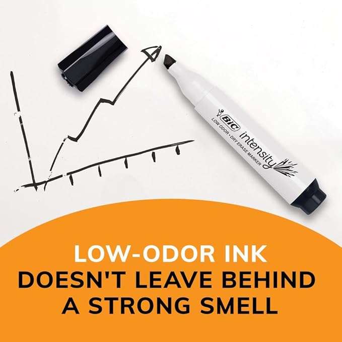 BIC Intensity Low Odor Dry Erase Markers, Assorted Colors, Chisel Tip, 4-Count Pack of Erasable Markers With Low-Odor Ink for a Pleasant Writing Experience