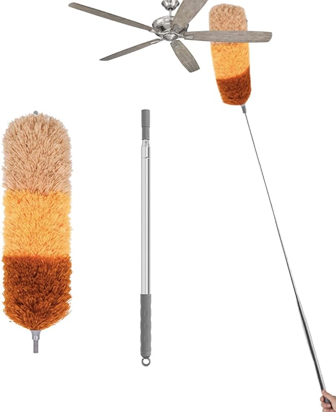 Extra-Long 100-Inch Telescoping Microfiber Feather Duster with Extension Pole, Bendable Microfiber Head Washable for Cleaning High Ceilings, Ceiling Fans, Furniture & Window Sills