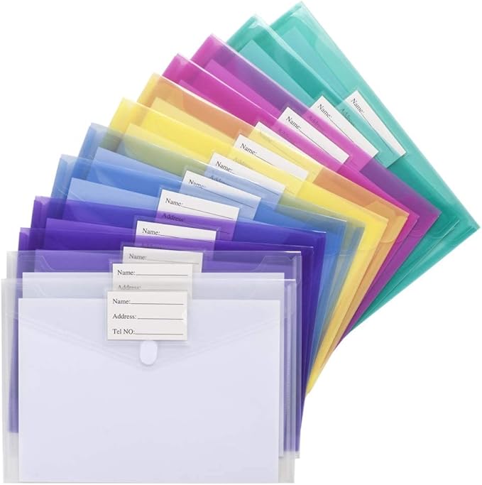 Sooez 24 Pack Plastic Envelopes Poly Envelopes, Clear Document Folders US Letter A4 Size File Envelopes with Label Pocket for Home Work Office Organization, Assorted Color