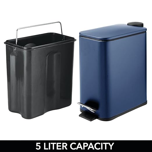 mDesign Rectangular Pedal Bin – 5 L Metal Waste Bin with Pedal, Lid and Plastic Bucket Insert – Household Rubbish Bin for Bathroom, Kitchen and Office – Navy