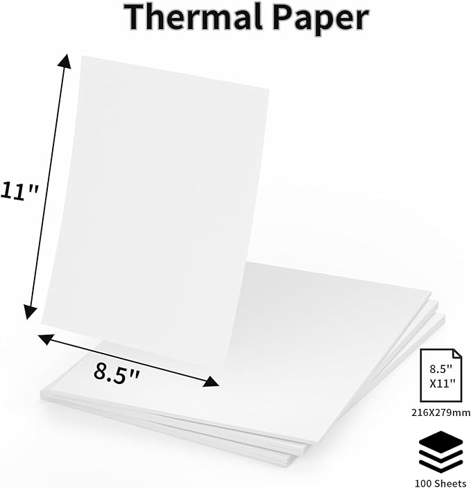 100 Sheets Thermal Printer Paper, 8.5"x 11" US Letter Size - High-Efficiency Durable Printing for Home Work, Printing Contract, Picture, Compatible with Most Thermal Printers (100 Sheets)