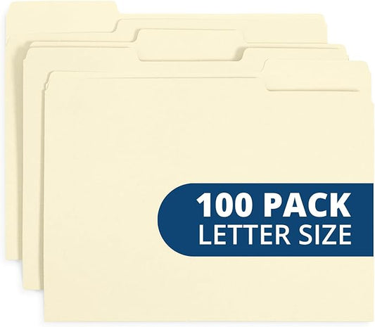 Manilla File Folders 8.5 x 11, 1/3 Cut Tab, Letter Size Vanilla folders, Great for Organizing and Easy File Storage, 100 Per Box (Manila)