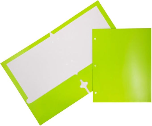 JAM PAPER Laminated Two Pocket Glossy 3 Hole Punch School Folders - Letter Size - High Gloss Lime Green - Bulk 25/Pack