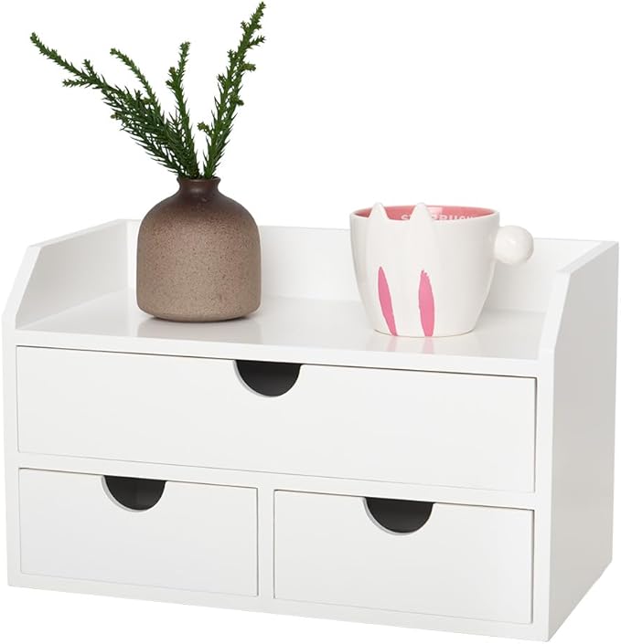 ROSE BLOOM White Wood Desk Organizer with 3 Drawer, Mini Cute Cabinet with Storage Shelf for Tabletop, Small Desktop Box Organizer for Cosmetic Office Supplies