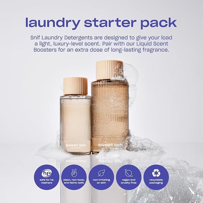 Snif Sweet Ash Laundry Detergent & Scent Booster Starter Pack – Long-Lasting Woodsy Amber Scent, Premium Non-Toxic Laundry Set, HE Safe, Non-Irritating (16oz + 8.5oz)