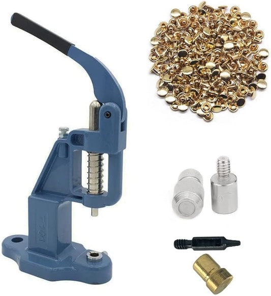 Hobby Trendy Hand Press with 1000 Sets of Iron 9mm Double Capped Rivets with Dies and Hole Punch(Blue Press,Gold Rivets)