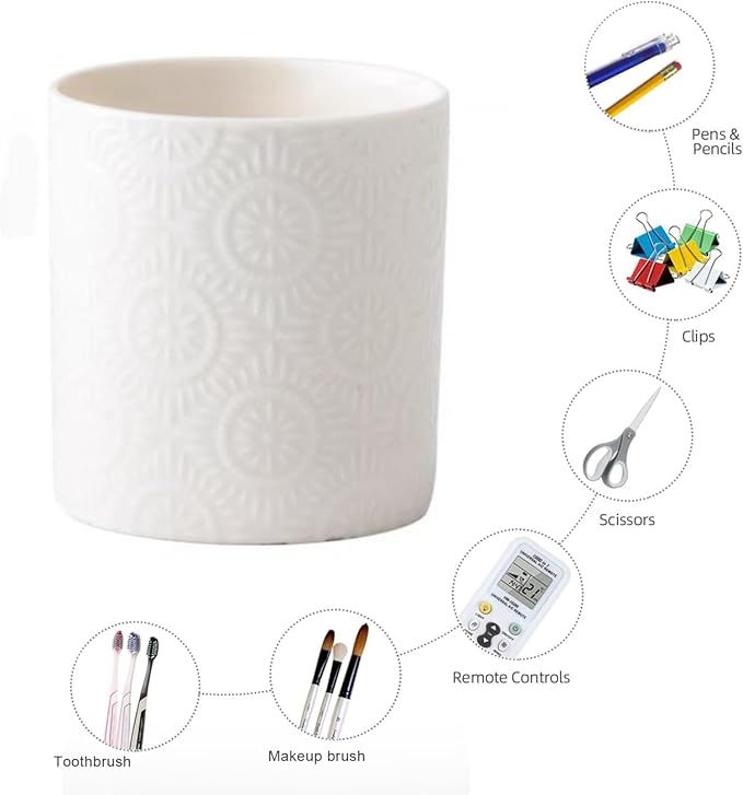 Pen Holder,Nordic Style Ceramic Waterproof Pencil Holder for Desk Simple&Modern Minimalist Makeup Organizer Multifunctional Office Supplies for Home,Kids and Schoo,White