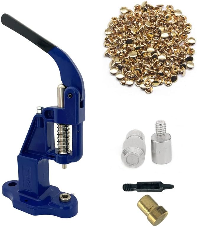 Hobby Trendy Hand Press with 1000 Sets of Iron 9mm Double Capped Rivets with Dies and Hole Punch(Navy Press,Gold Rivets)