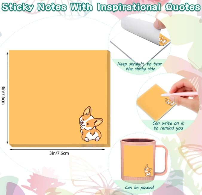 2 Pack Sticky Notes 3x3 Inches, Bright Cute Strong Sticking Power, Easy to Post for Home, Office, 80sheets/Pads, Cute Corgi 2