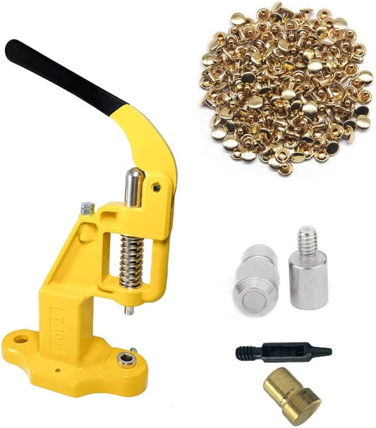 Hobby Trendy Hand Press with 1000 Sets of Iron 9mm Double Capped Rivets with Dies and Hole Punch(Yellow Press,Gold Rivets)
