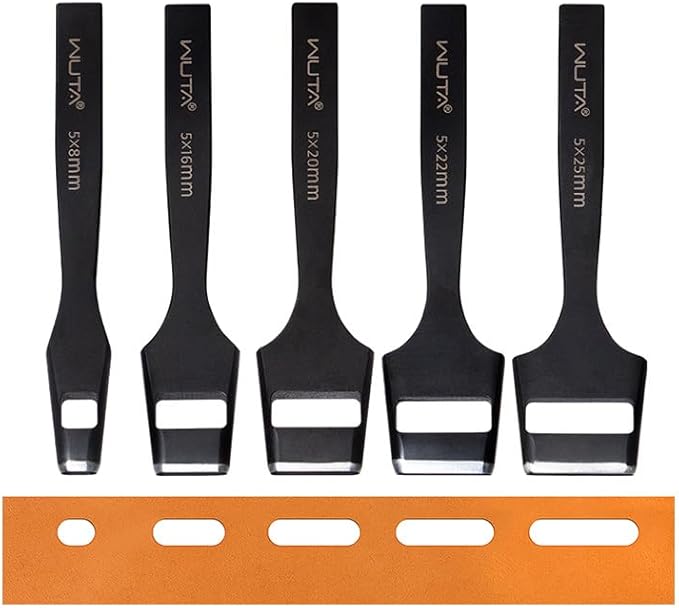WUTA 6 Pcs Leather Belt Hole Puncher Oval Cutter Strap Watch Band Flat Punches Heavy Duty Oblong Tools for Leathercrafting (4 * 5+4 * 6+5 * 8+5 * 25+4mm Round+3.5mm Round)